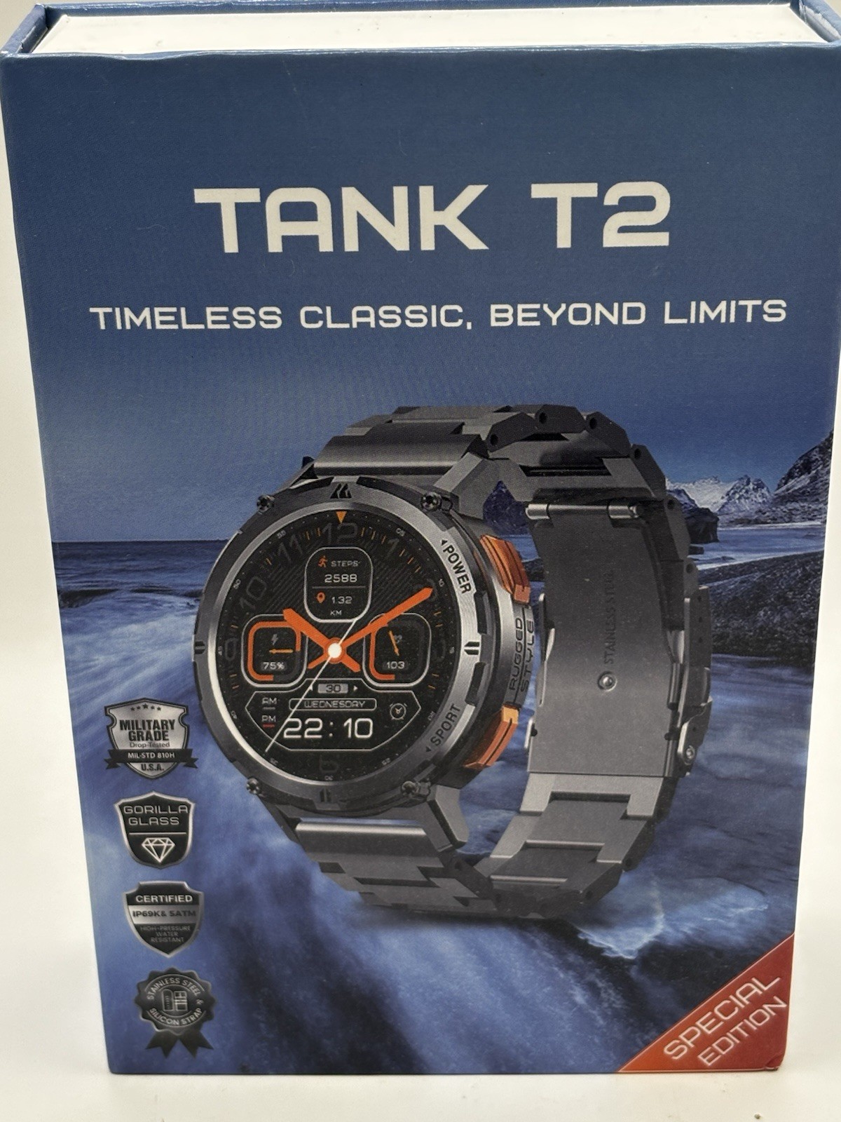 KOSPET TANK T2 AMOLED Bluetooth Calling Smartwatch 43mm Silver Steel Black Band