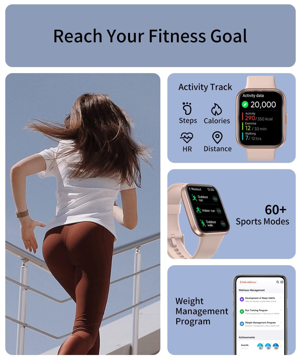 RERE ASW2 (Answer/Make ), Alexa Built-in, 1.69″ Fitness Tracker with 60 Sport…