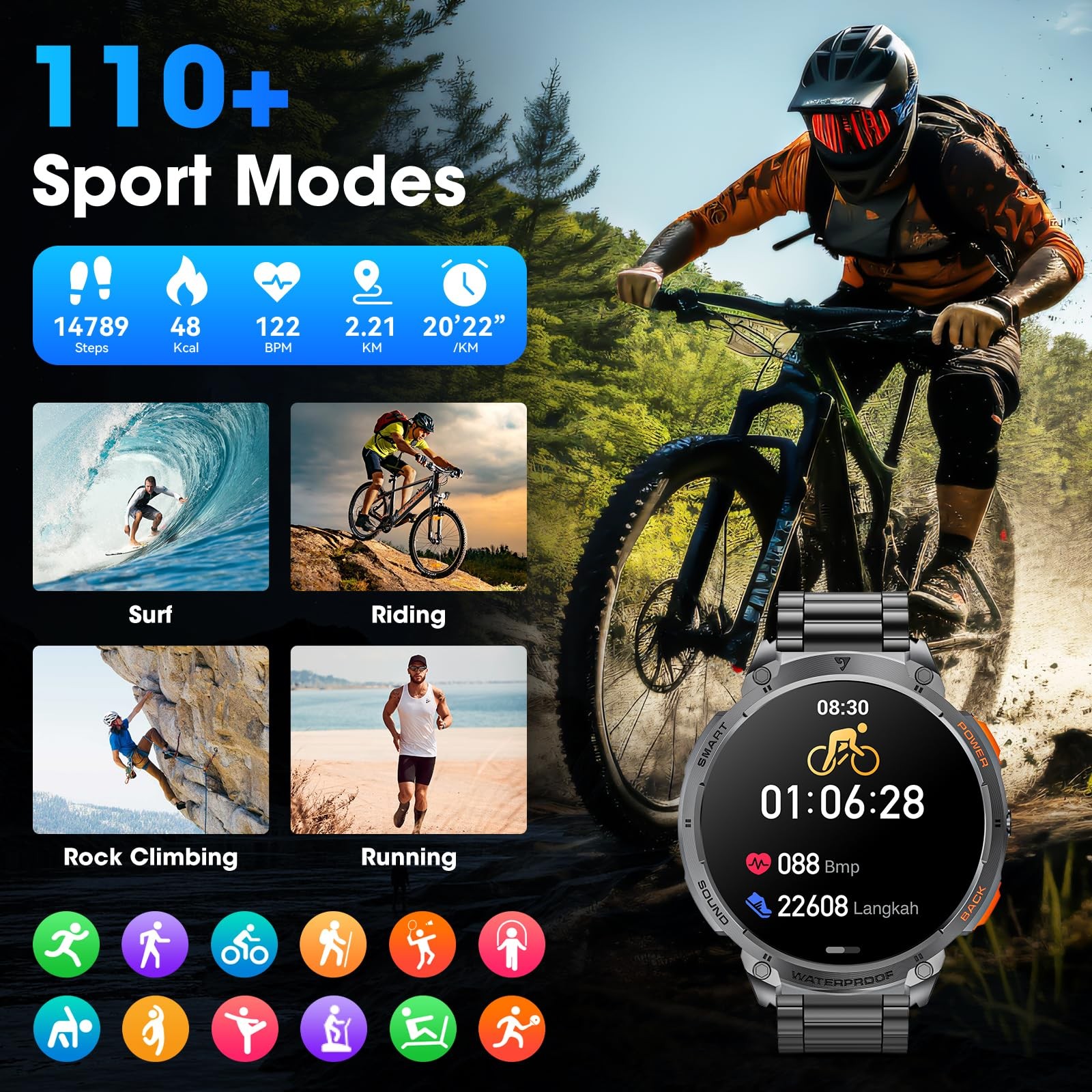 Military for Men 1.85″ HD Touch Screen 730mAh Battery Watches with Flashlight…