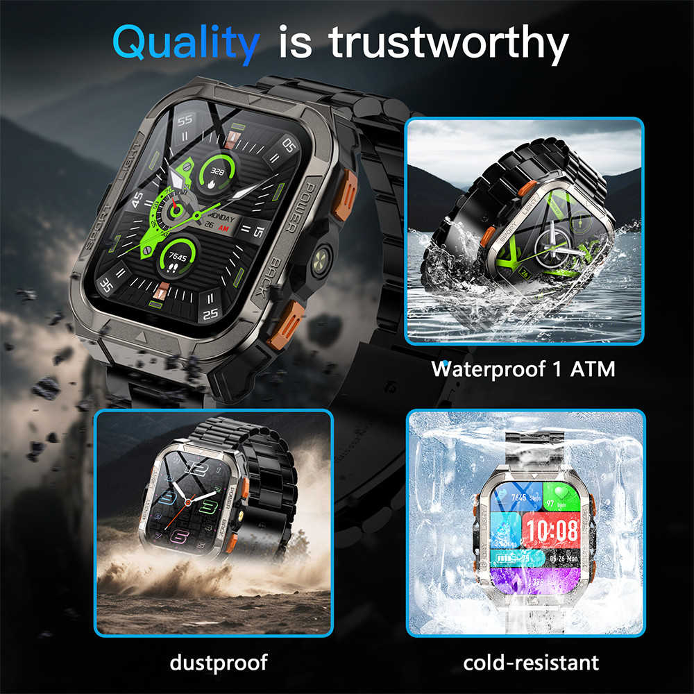 Military Smart Watch Men 900mAh Stainless Steel Watches Flashlight Fitness Track