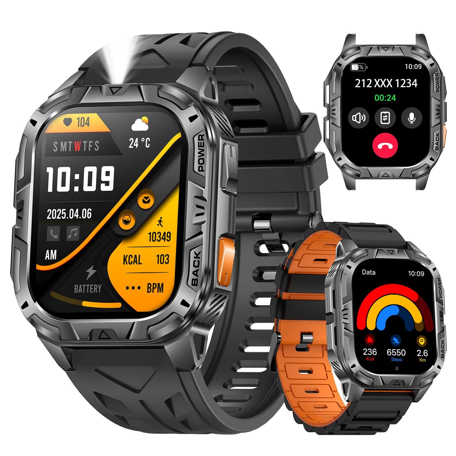 Military for Men (Answer/Make Calls), 2.01″ Fitness Tracker with Flashlight/6…