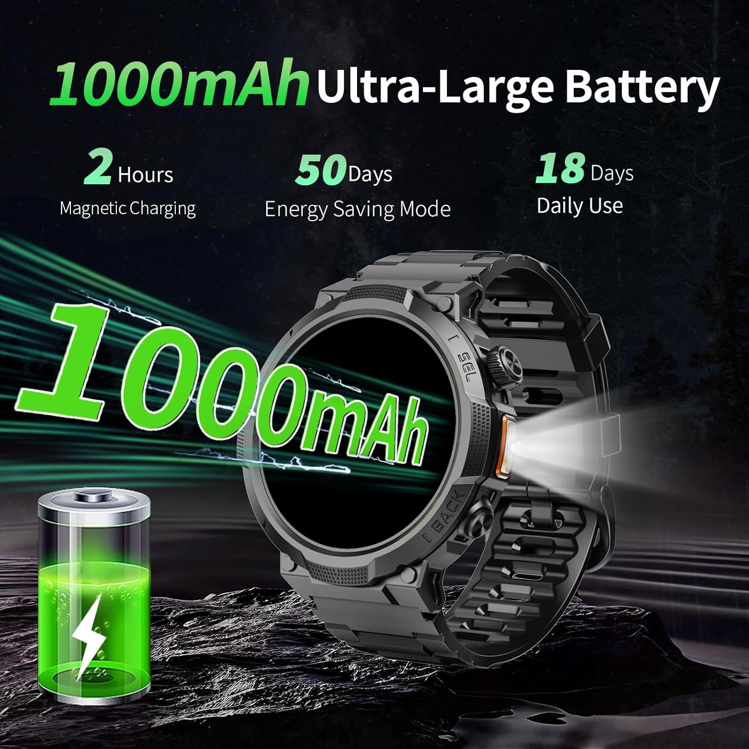 Men’s Military Smartwatch Black HD 1.53″ Answer Calls 50+ Days Battery Life