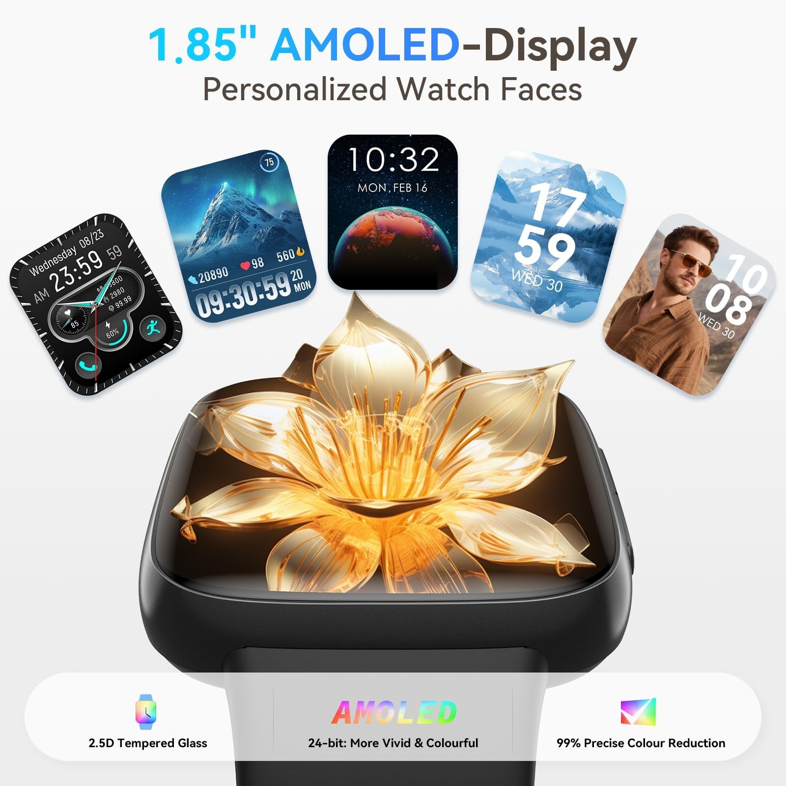 Smartwatch for Men/Women, 1.85″ AMOLED Display, Waterproof Fitness Tracker, Call