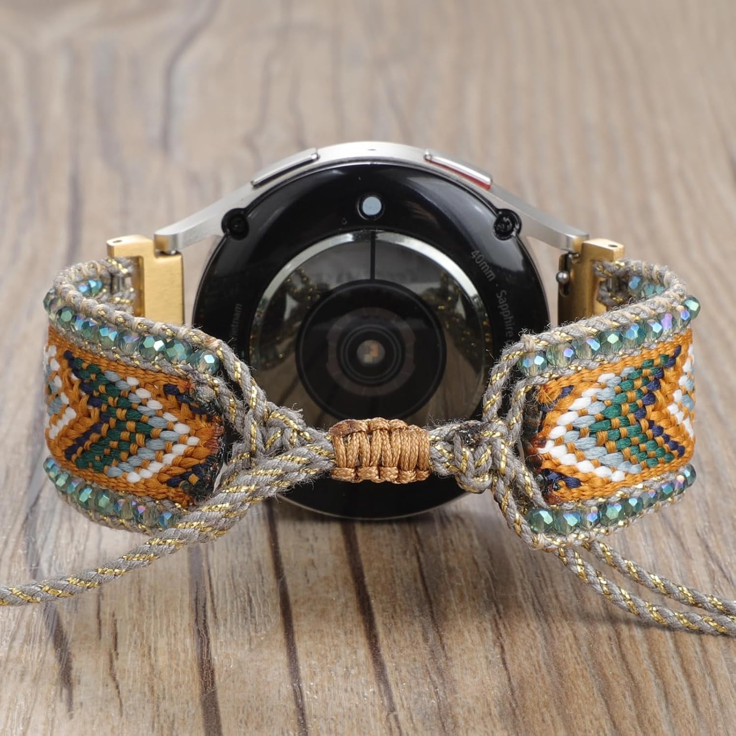 Retro Boho Fabric Band for Samsung Galaxy Watch 40mm 44mm, Handmade Beaded Strap