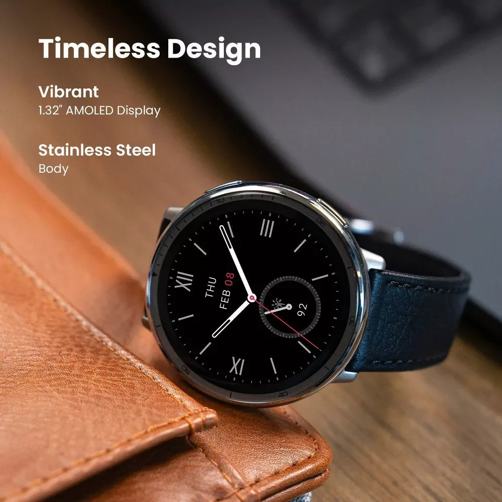 New Amazfit Active 2 Premium Version 44mm Fitness Smart Watch Black Leather