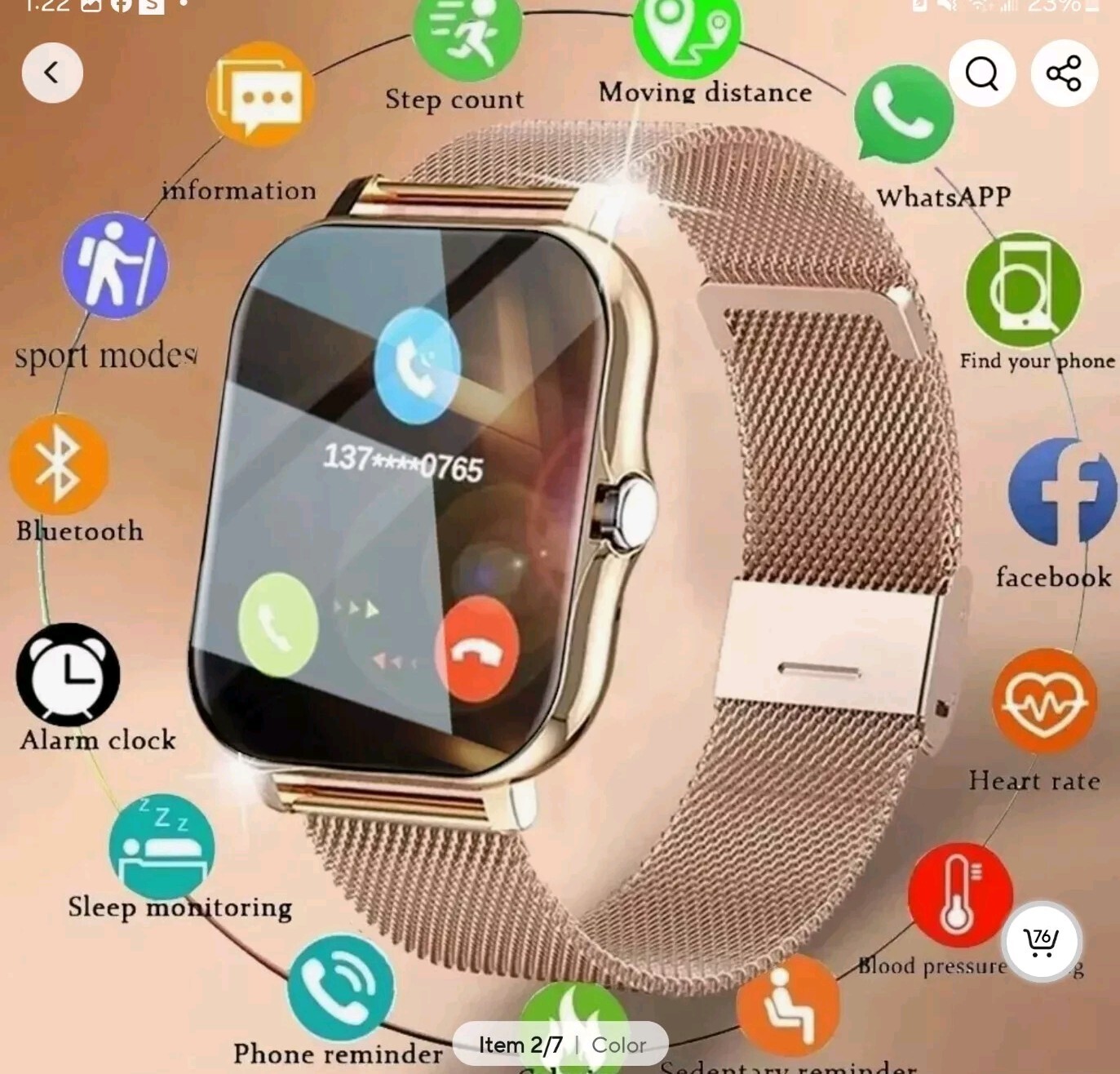Smart Bluetooth Watch Metal Strap Fitness Tracker, for Android / iOS iPhone,Gold