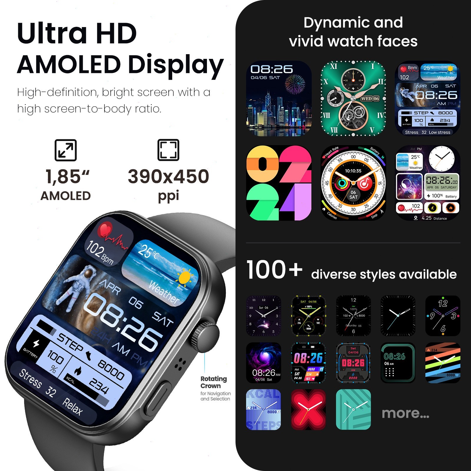 TOZO AMOLED S6 Smart Watch 1.85″ Ultra-Clear Screen Dynamic Faces Smartwatches