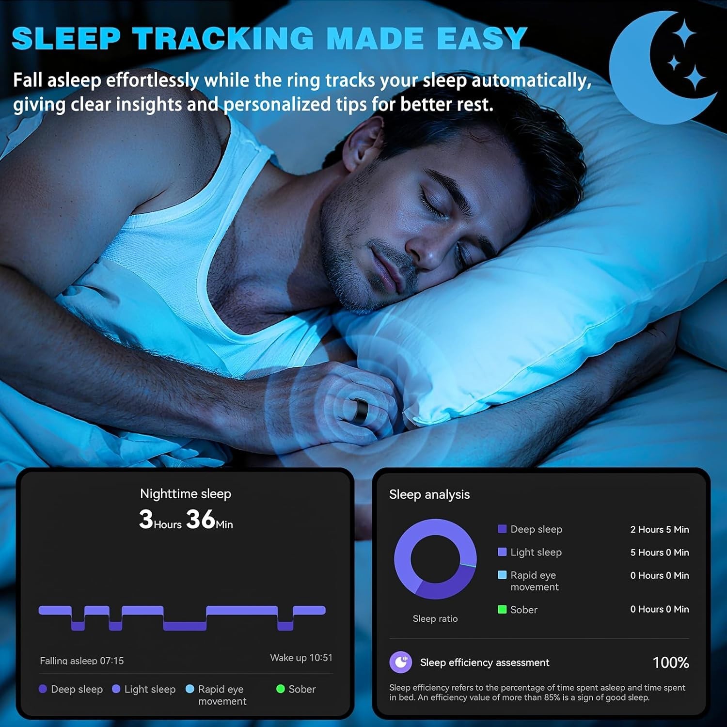 Smart Fitness Tracker Ring for Men Women Heart Rate Sleep Spo2 Black 12 IP68