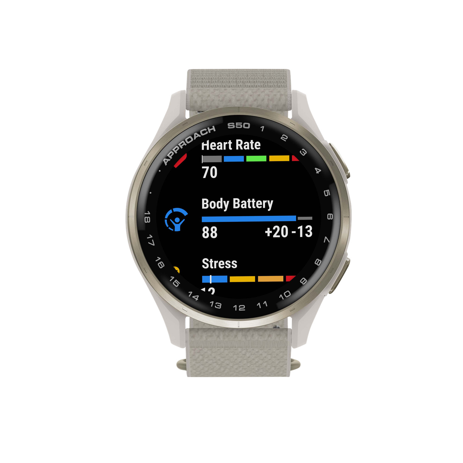Garmin Approach S50, Gold Bezel/Ivory ComfortFit Nylon Band, (010-03010-01)