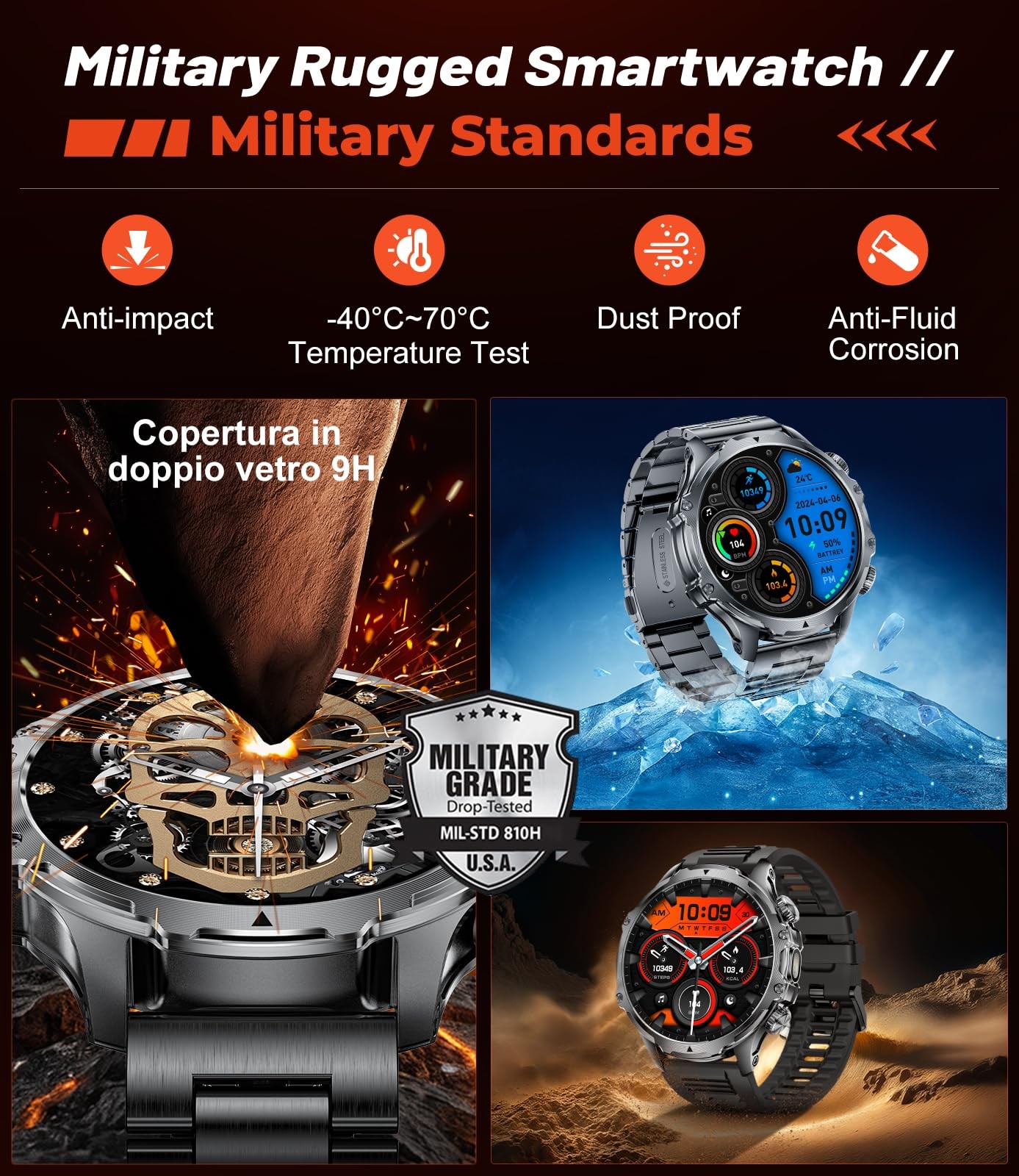 HIRREO Military Smart Watch for Men, 1.85” HD Large Screen Black, Black