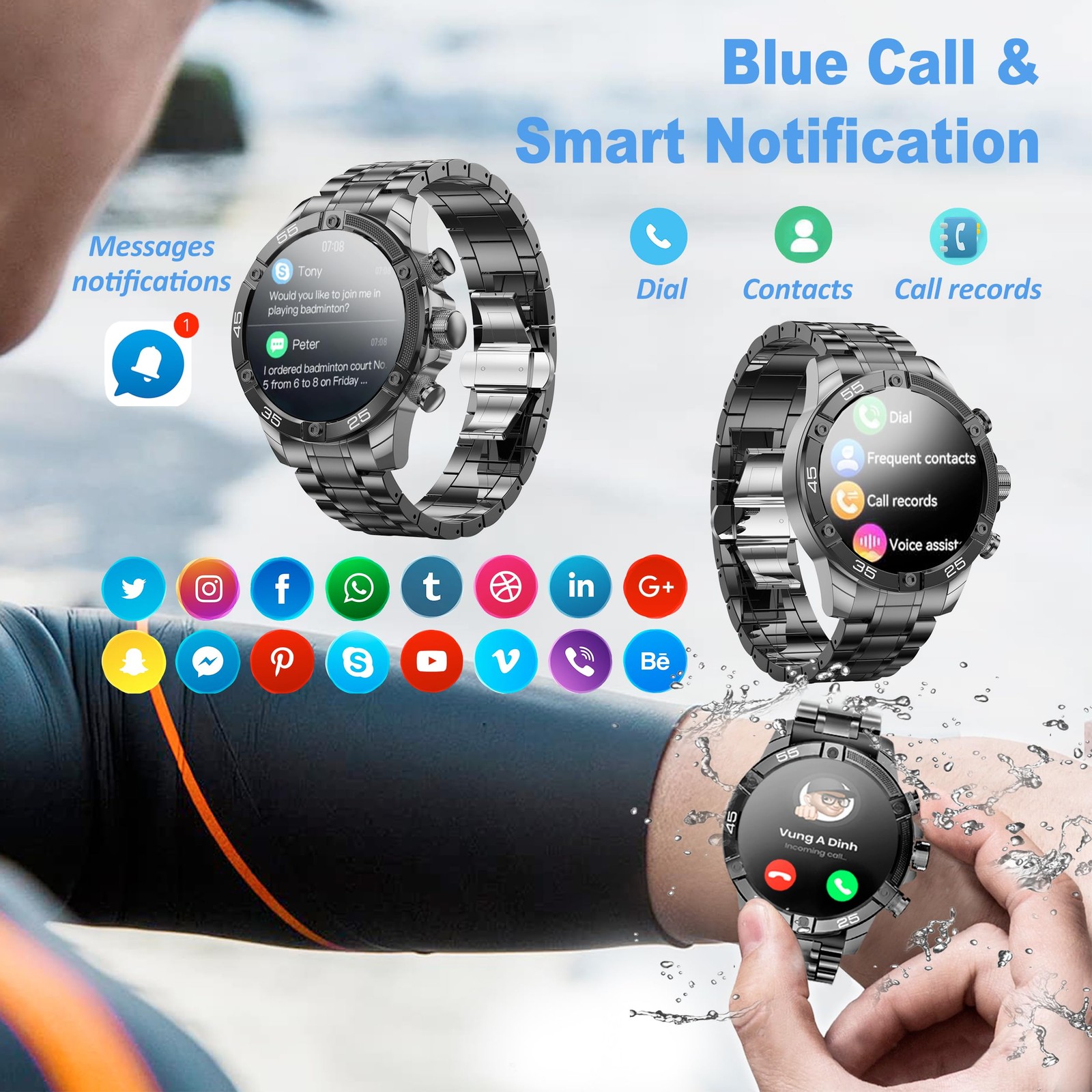 Men’s Round HD 1.53″ Gold Blue Watches for Men, Multiple Sports Modes, Blueto…
