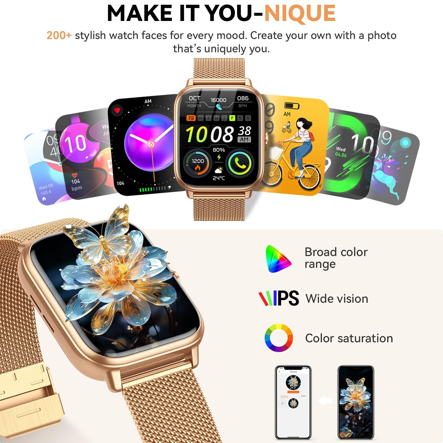 paybay Smart Watch for Women Men- 1000mAh Battery Answer/Make 1.83, Golden