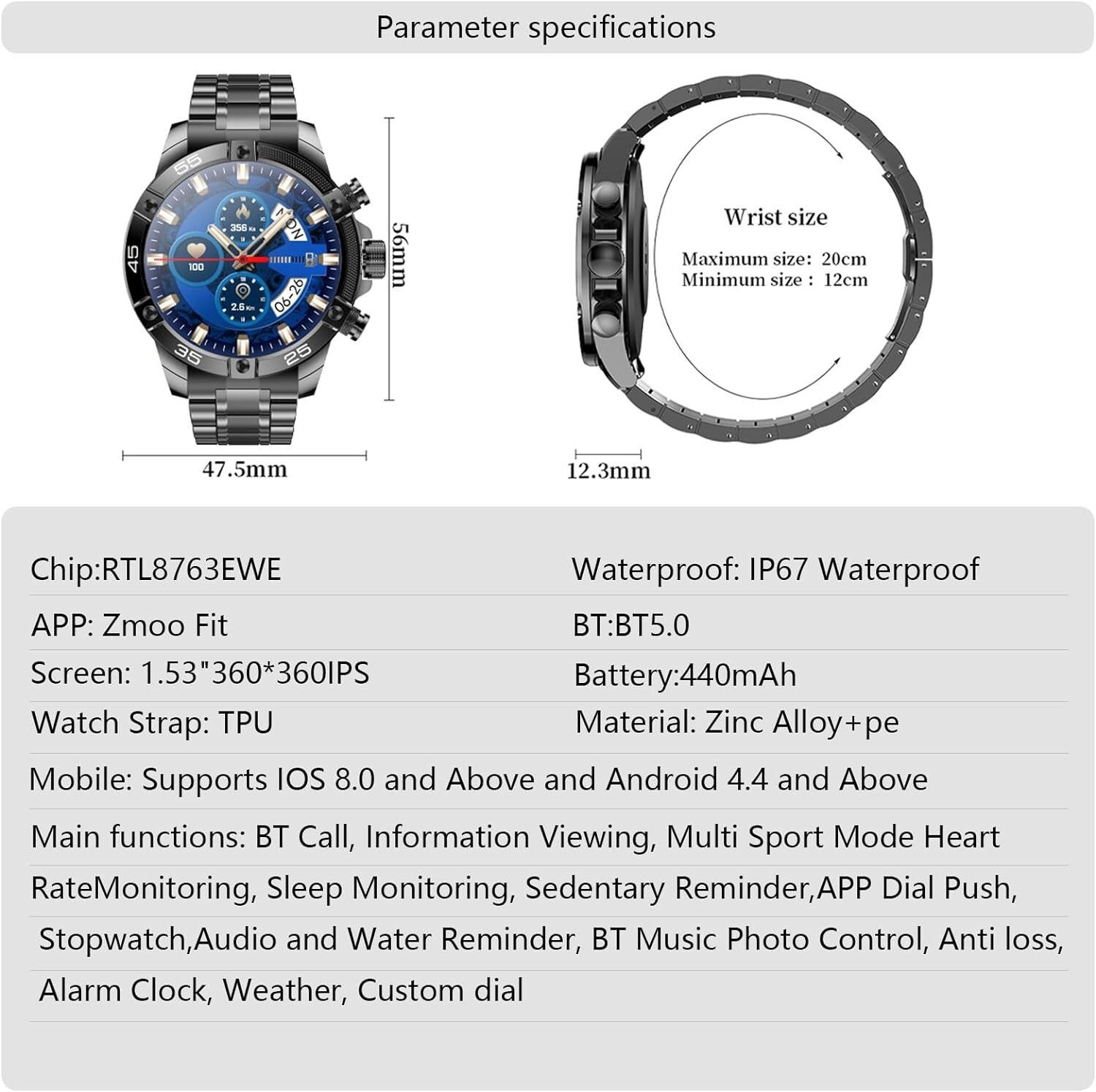 Smart Watch HD 1.53″ Screen Stainless Steel Bluetooth Voice Call Fitness Tracker