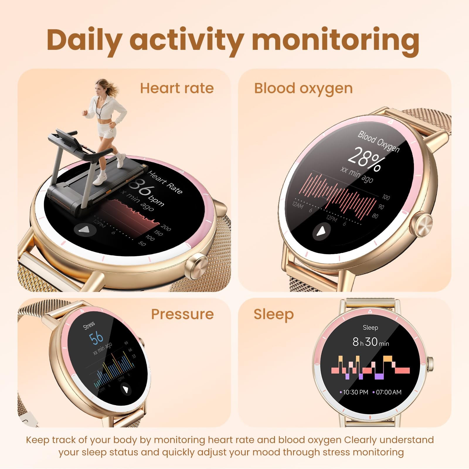 KEEPONFIT Smart Watches for Women Android/iPhone, IP68 Medium, Gold Pink