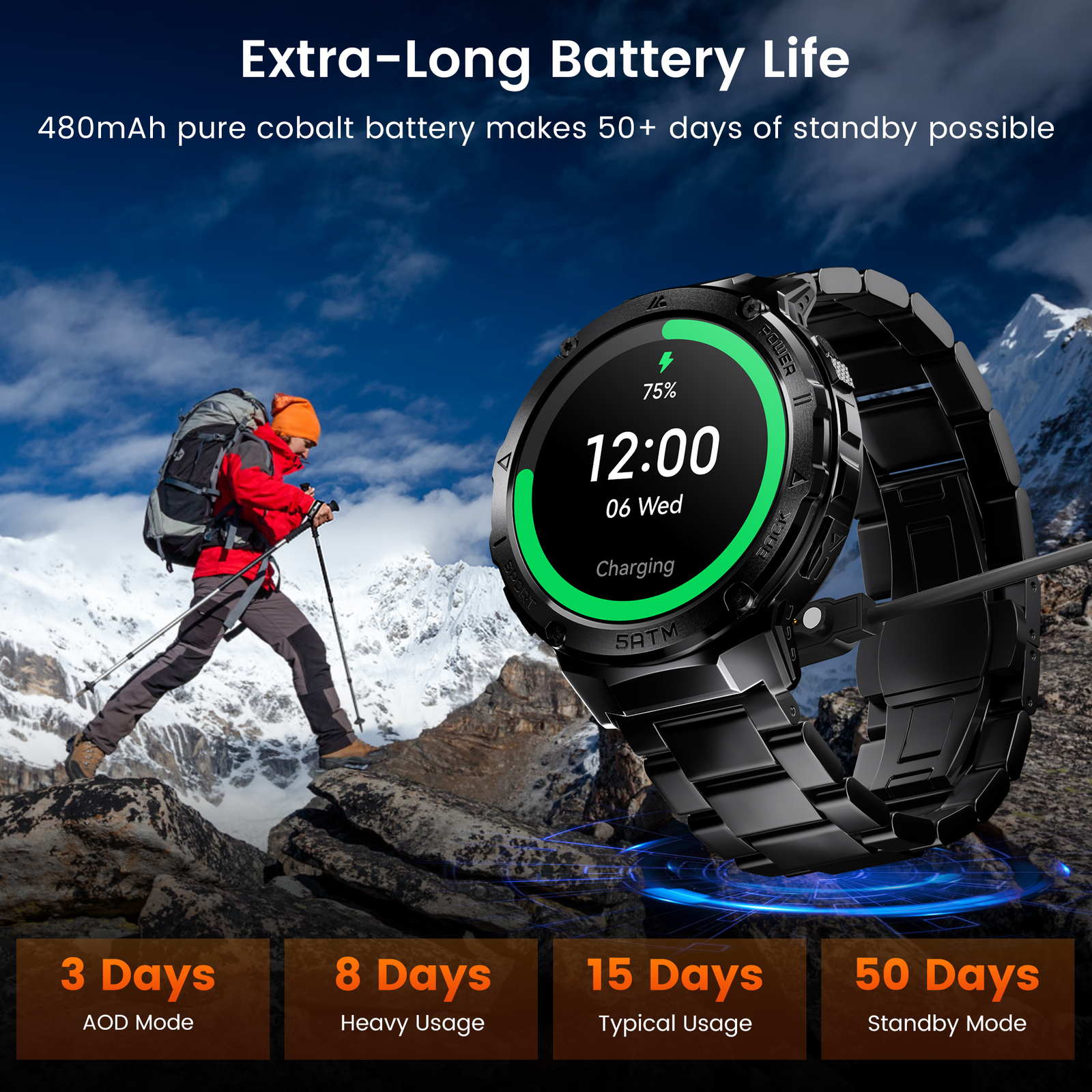 Smart Watches for Men GPS Pressure/Altitude/Compass, 60 Days Extra-Large Battery