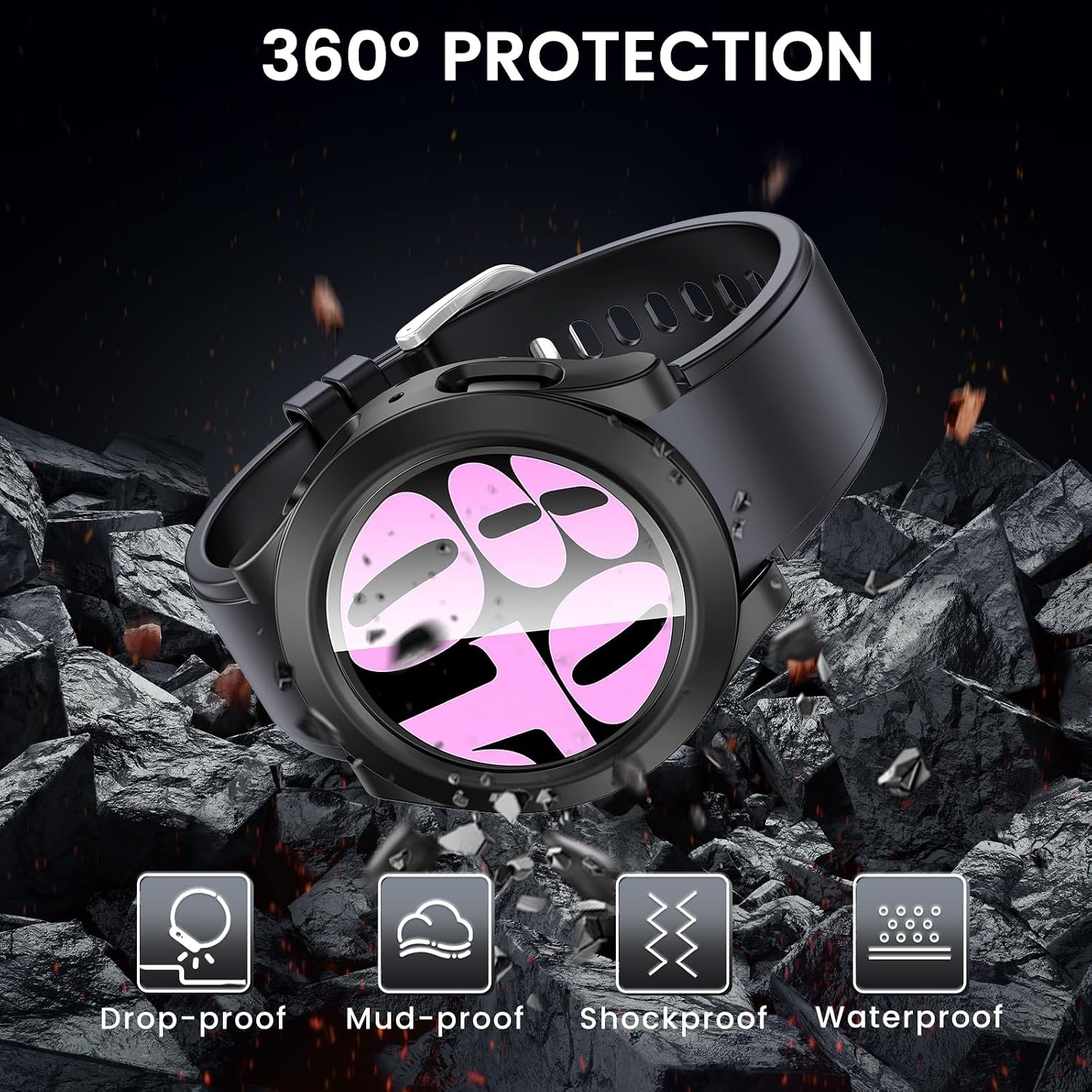 2 in 1 Waterproof Case for Samsung Galaxy Watch 7 6 5 4 44mm 40mm with Tempered
