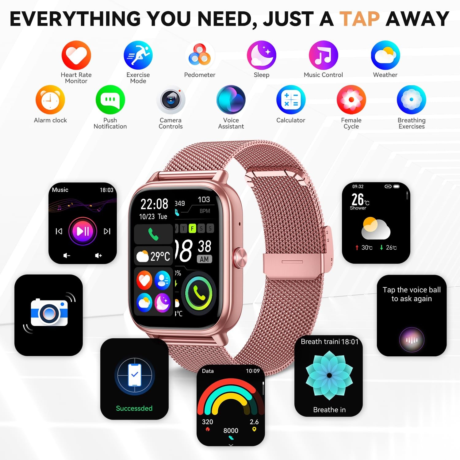 paybay Smart Watch for Women Men- 1000mAh Battery Answer/Make Call, Pink
