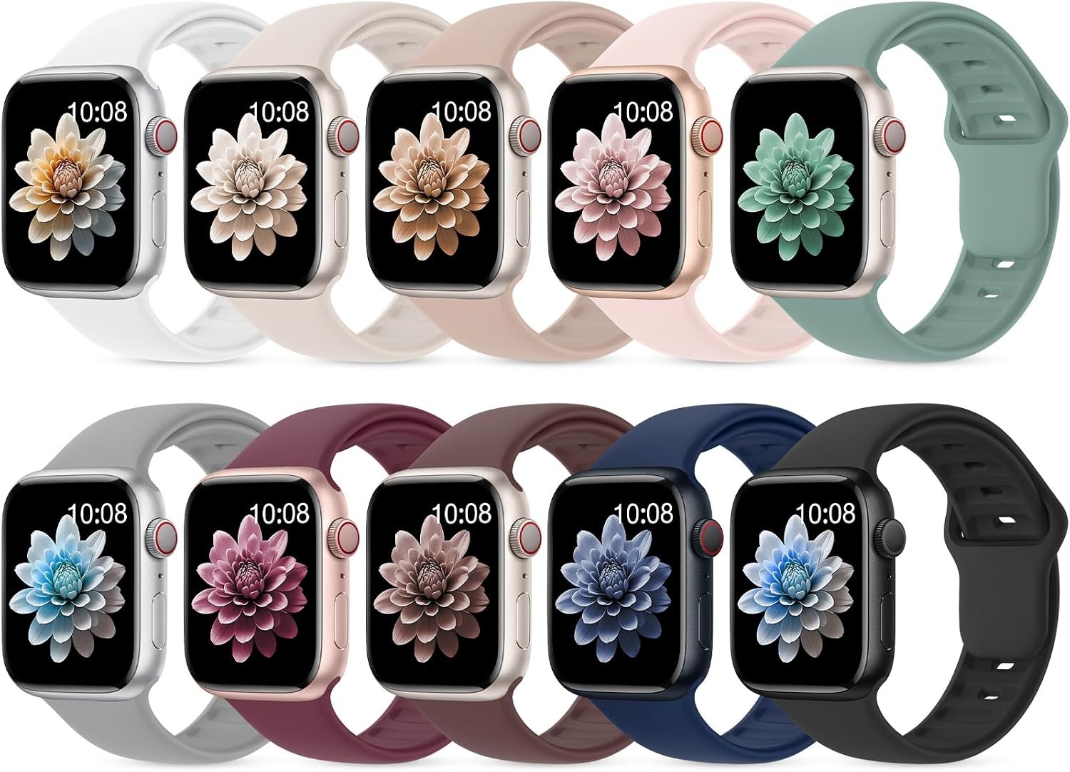 Silicone Bands Set of 10 for Apple Watch Series 7, 38mm 40mm – Soft Replacement