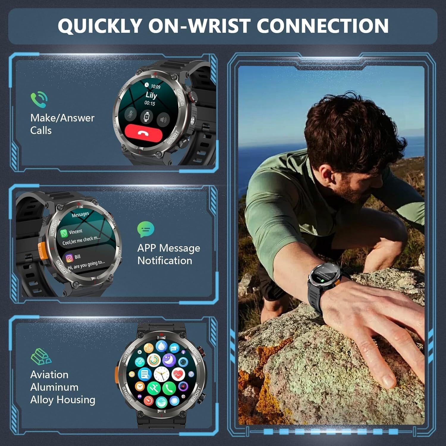 Military Tactical Smart Watches for Men, 100-Day Battery Rugged Fitness Watch