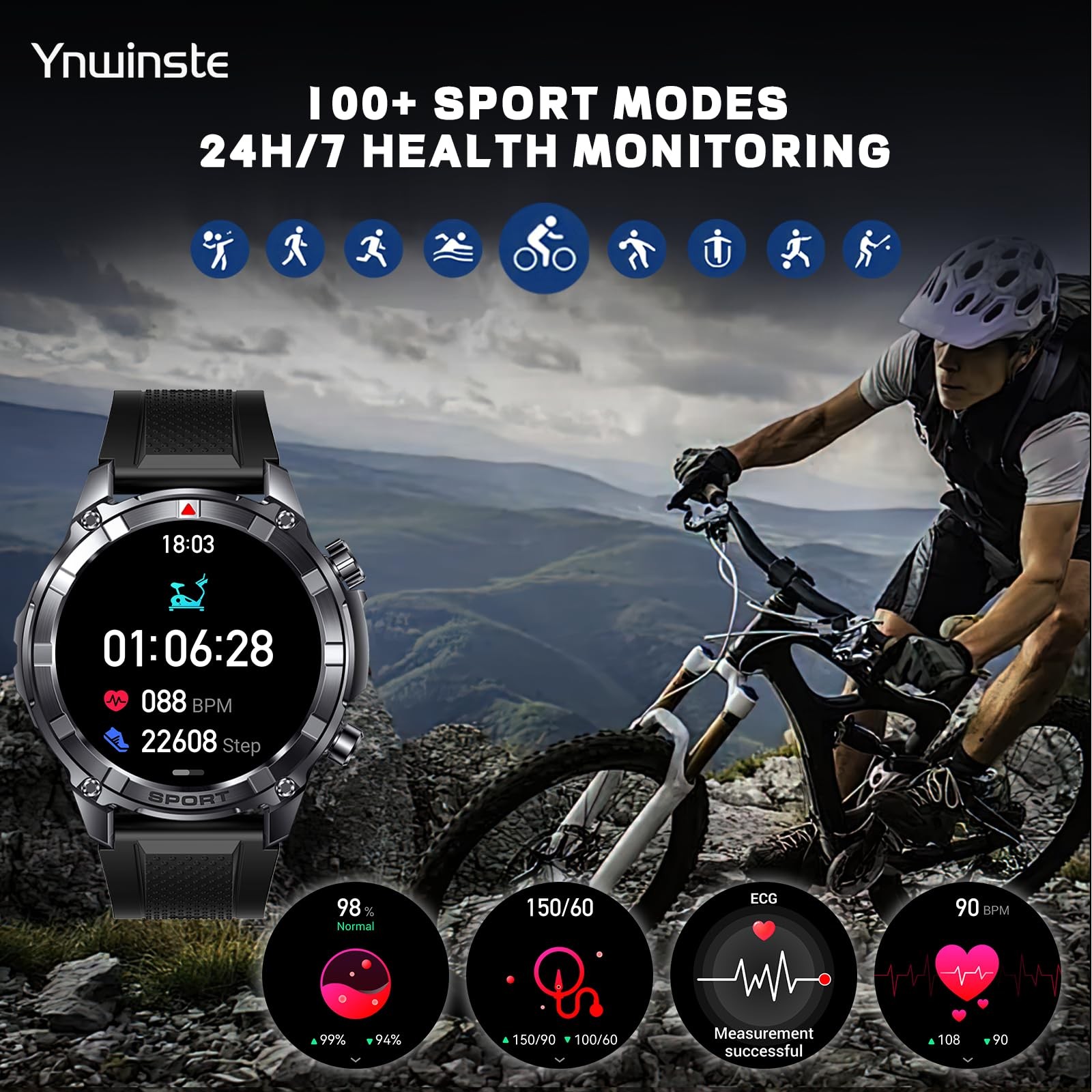 Ynwinste Smart Watches for Men with Bluetooth&Flashlight,1.52″ IP68 Waterpro Men