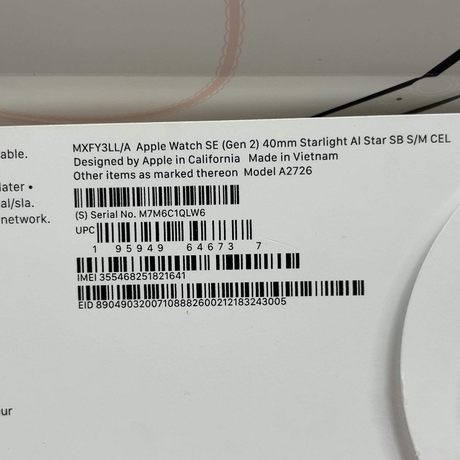 Unlocked Apple Watch SE 2nd Gen 40MM Starlight Aluminum W/ Sport Band MXFY3LL/A