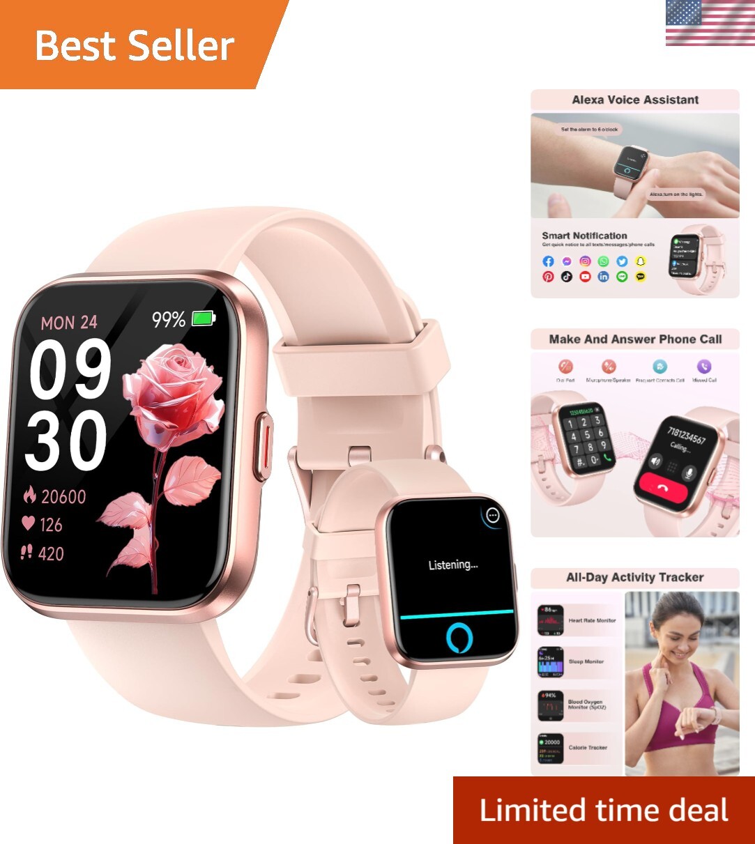 Elegant 1.8” HD Smartwatch for Women – Alexa, Bluetooth Calls, Waterproof