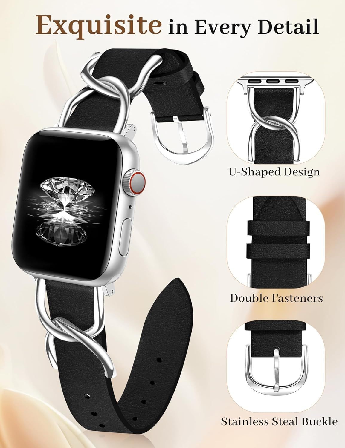 Elegant Leather Watch Band for Women with Double U-Buckle, Fits Apple Watch Seri