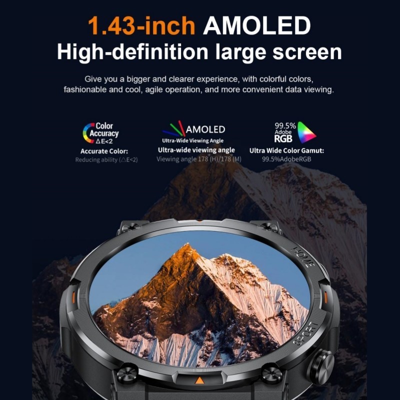 Military Smart Watch Men Rugged 1.43″ Fitness Tracker Waterproof LED Flashlight