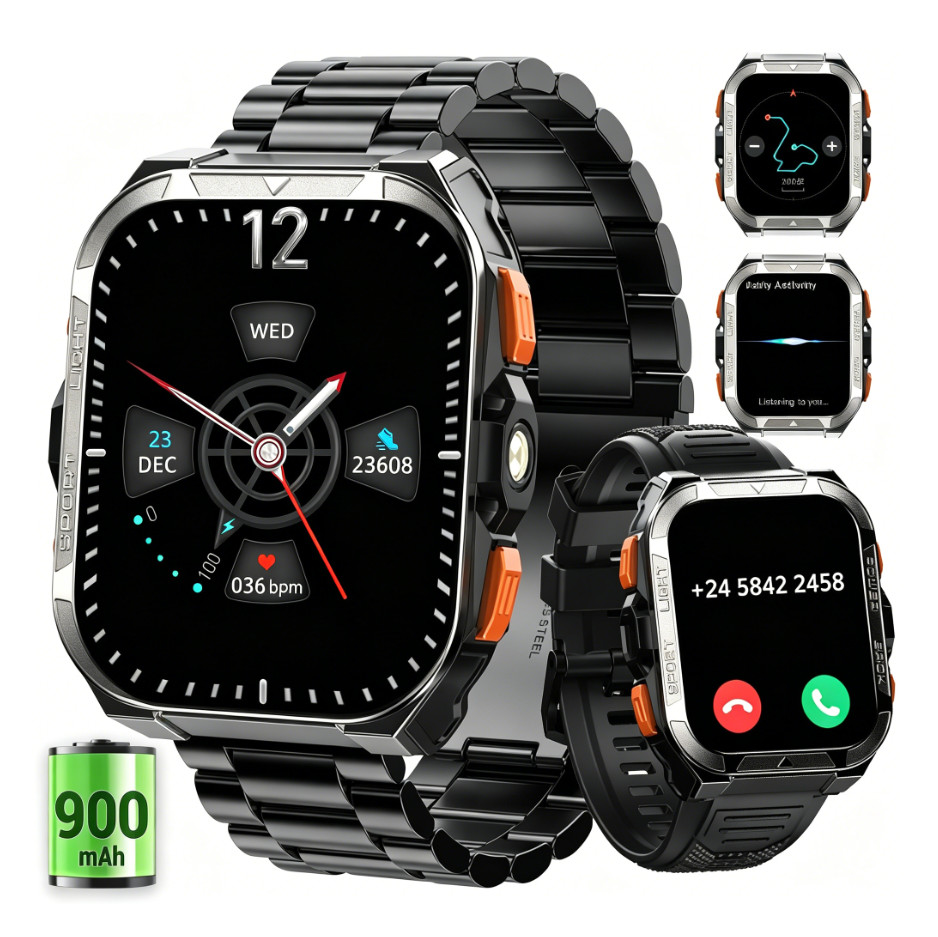 Military Smart Watch Men 900mAh Stainless Steel Watches Flashlight Fitness Track