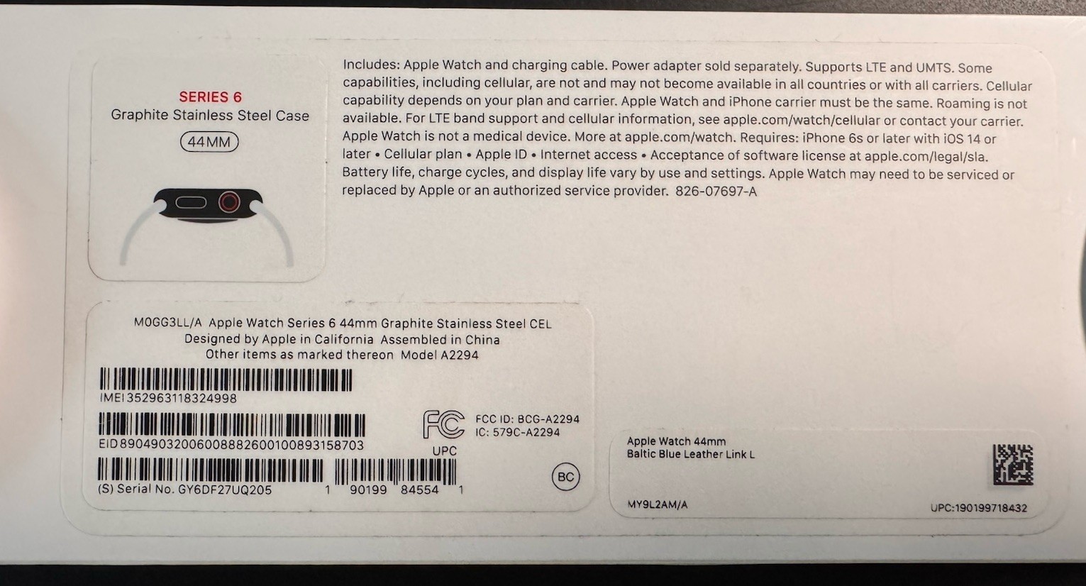 Apple Watch Series 6 44mm Graphite Stainless Steel GPS + Cellular A2294 w/ Box