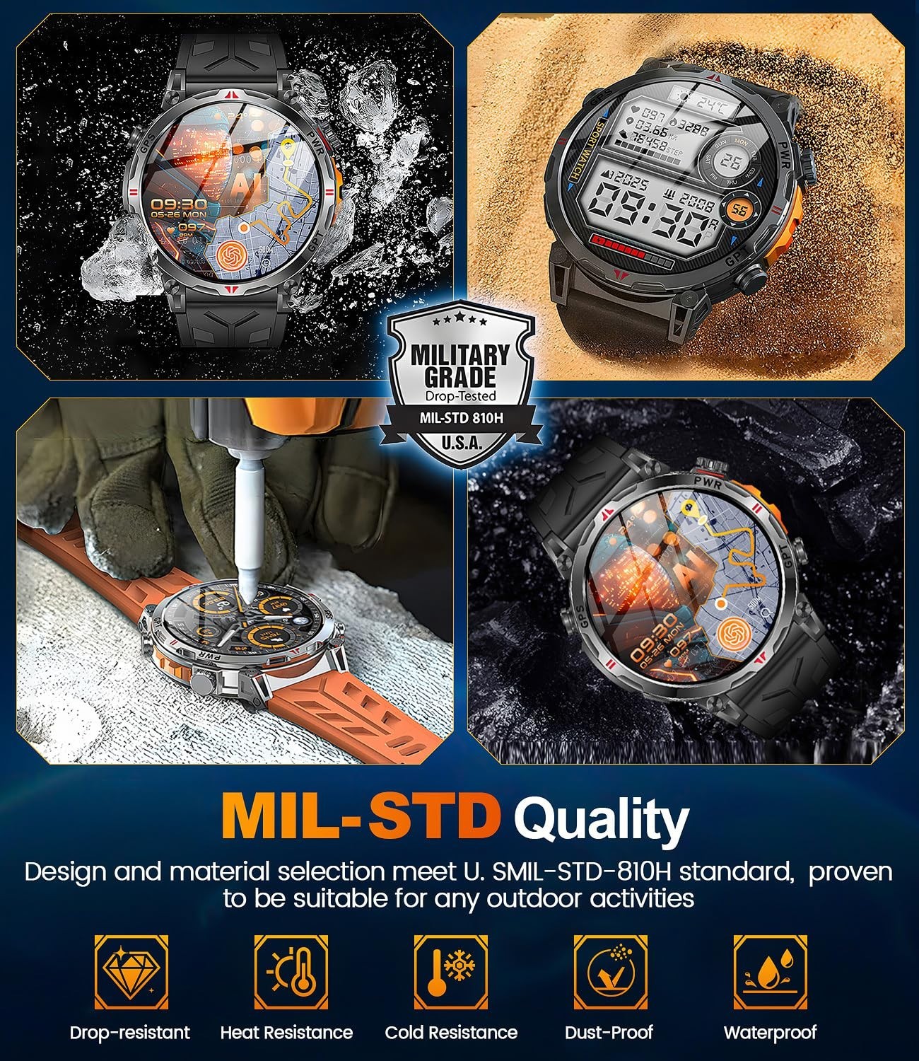 Military GPS Smartwatch for Men, 1.56″ AMOLED, Bluetooth Call, 100+ Sports Modes