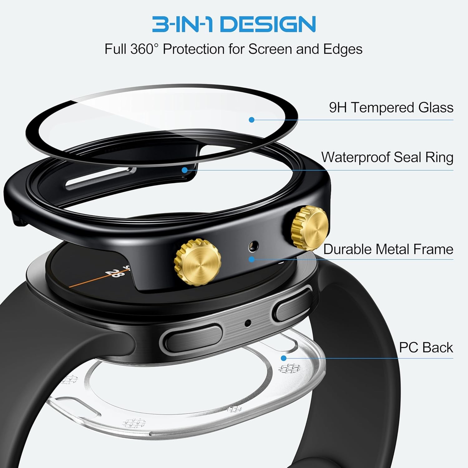 44mm Metal Case with Screen Protector for Samsung Galaxy Watch 8 – 2 in 1 Bumper