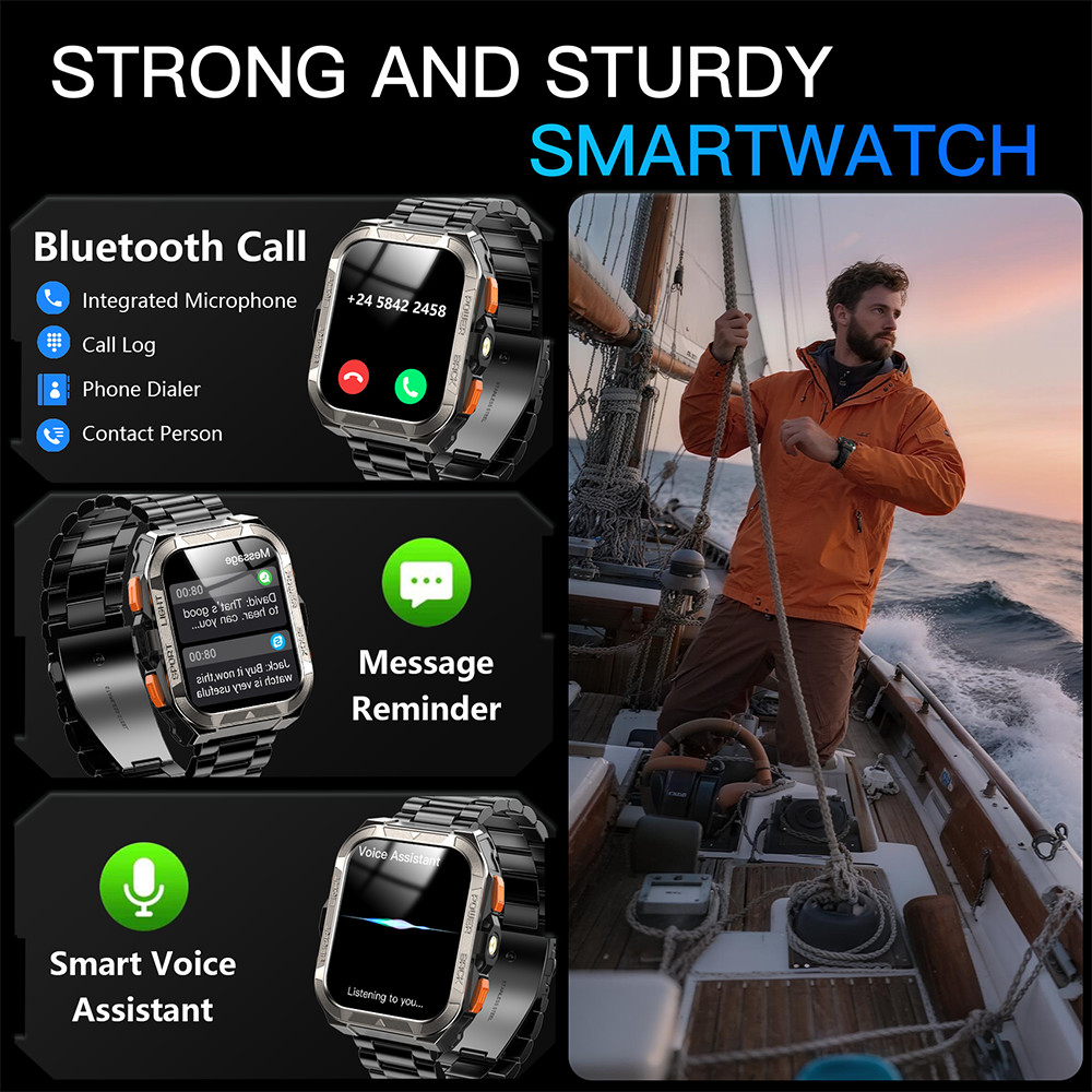 Military Smart Watch Men 900mAh Stainless Steel Watches Flashlight Fitness Track