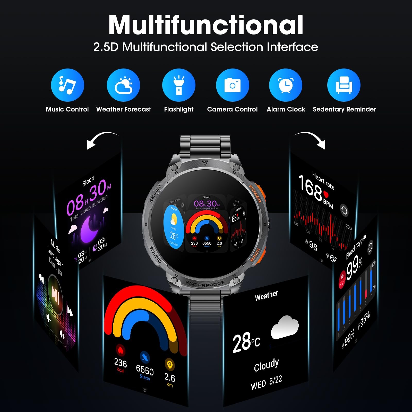 Military for Men 1.85″ HD Touch Screen 730mAh Battery Watches with Flashlight…