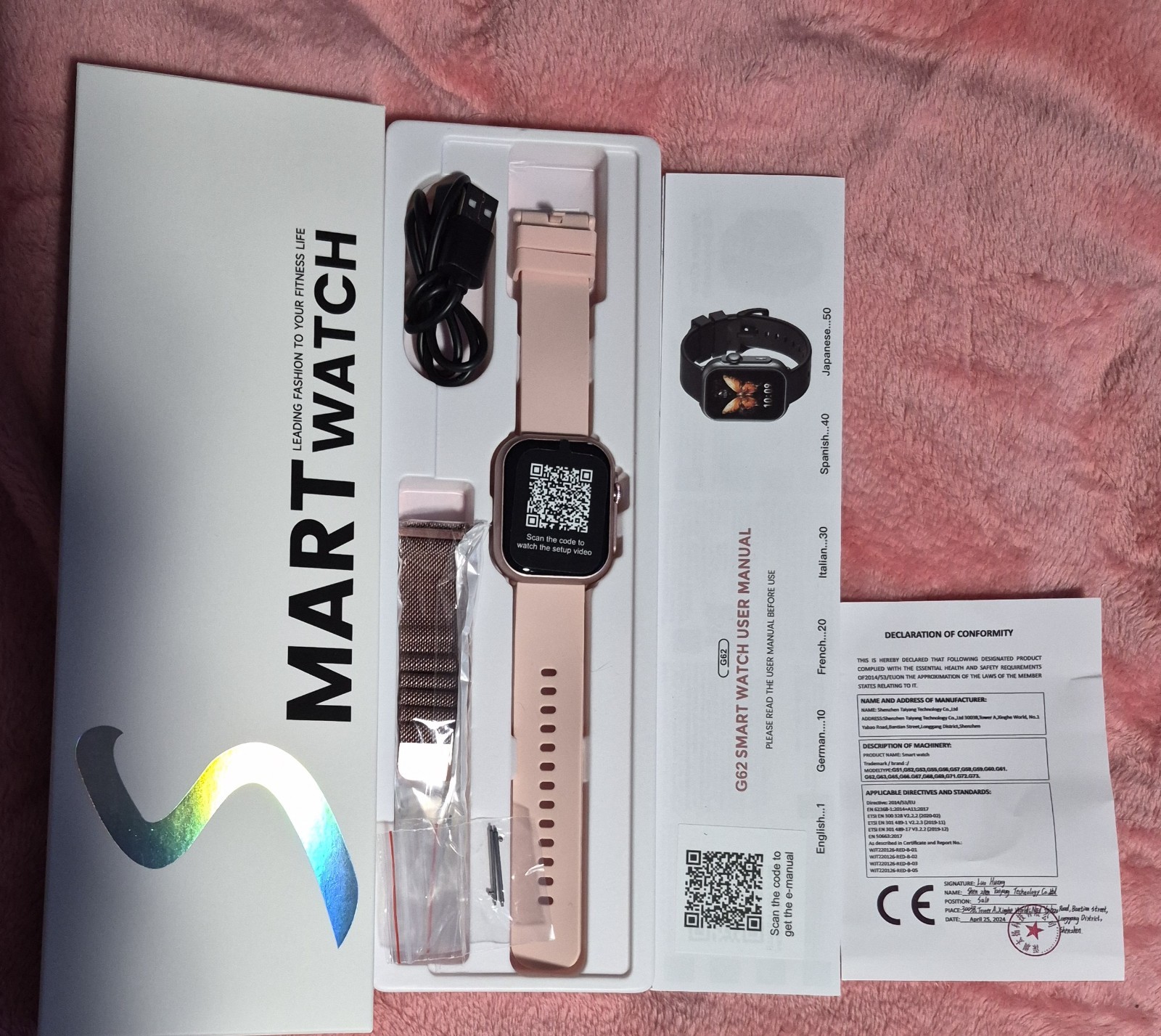 G62 Smart Watch Pink Plastic Case Pink Silicone Band Android Wear 22mm New