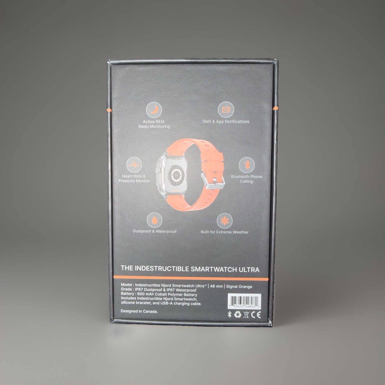 NORD GEAR Indestructible Smartwatch Ultra 48mm Silver Case Orange Silicone Band