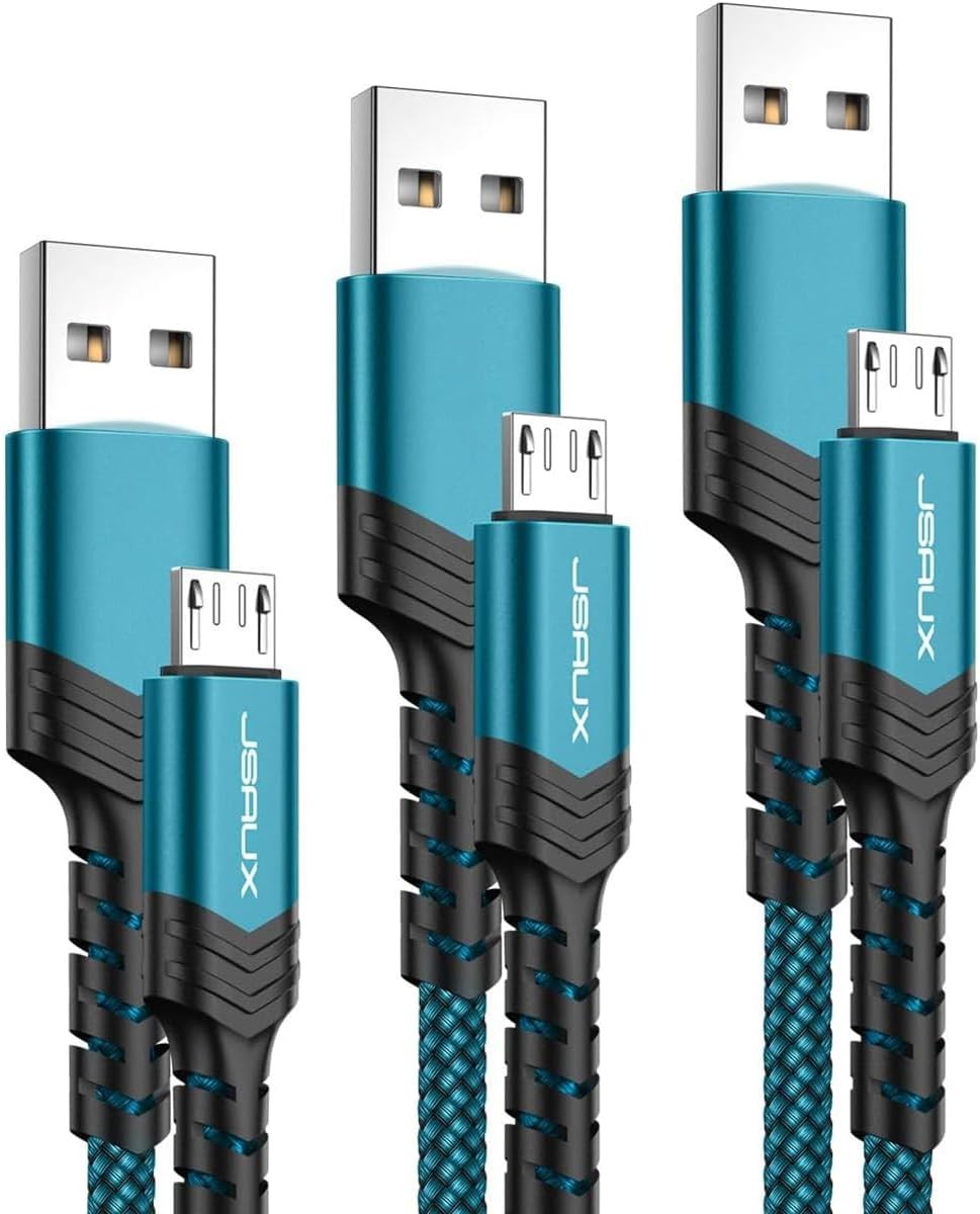 Micro USB Charger Cable 3-Pack, USB A Cord, 3.3/6.6/10FT-Green, 2.4A Charging