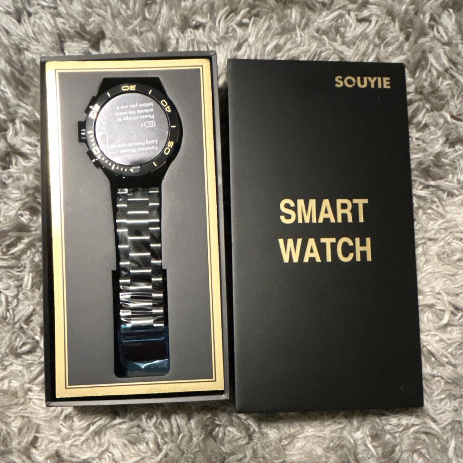SOUYIE Smart Watch Silver Stainless Steel & Silicone Bands Black Case