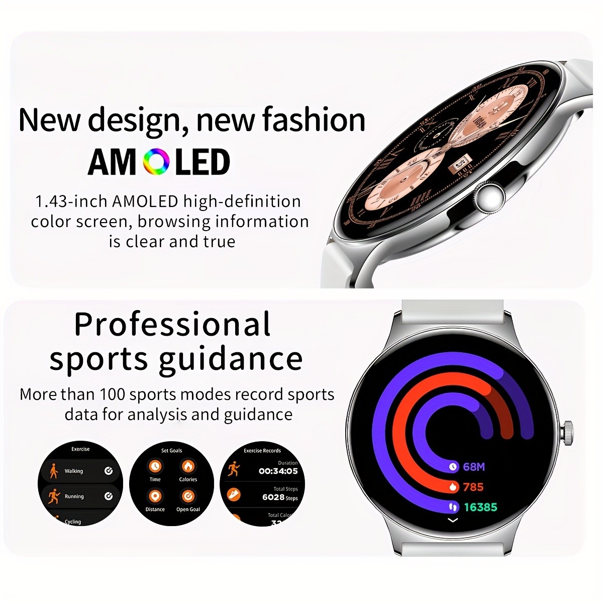 1.42″ Slim Smartwatch, Wrist Calls, Sports Modes, Waterproof, Health App