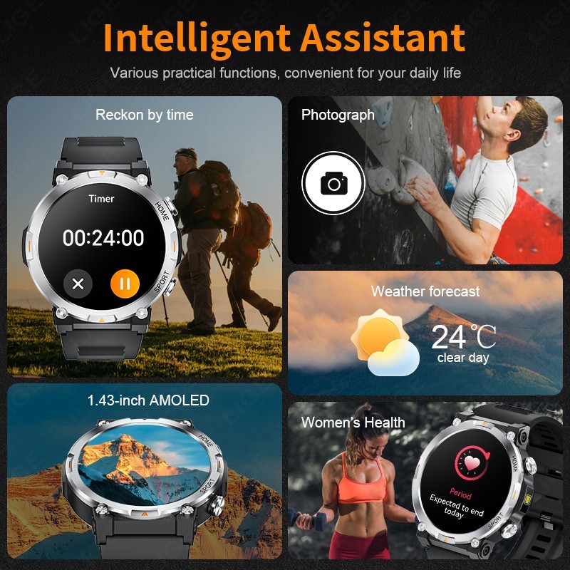 Military Smart Watch Men Rugged 1.43″ Fitness Tracker Waterproof LED Flashlight