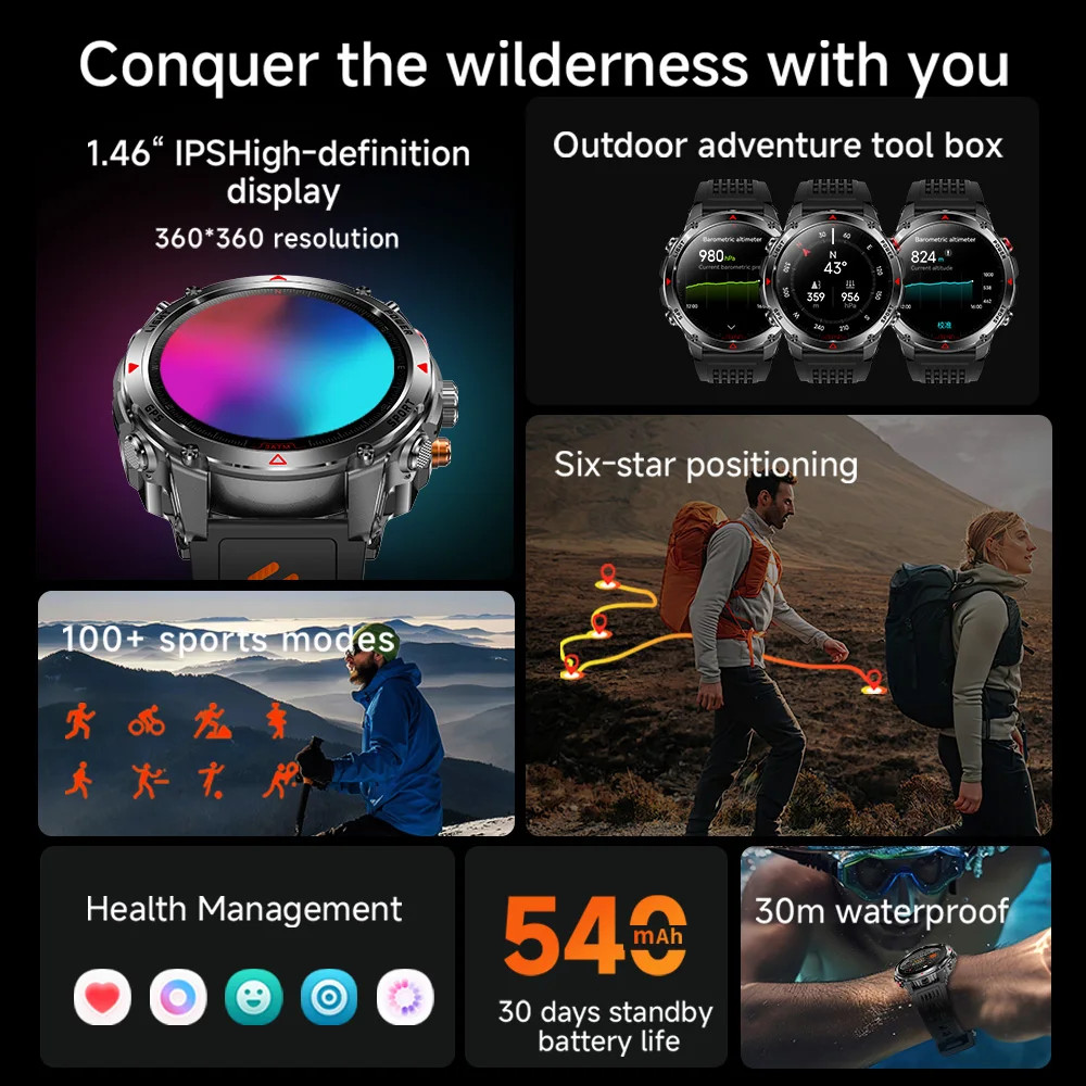 Military Smart Watches For Men Outdoor GPS LED Flashlight Rugged Fitness Tracker