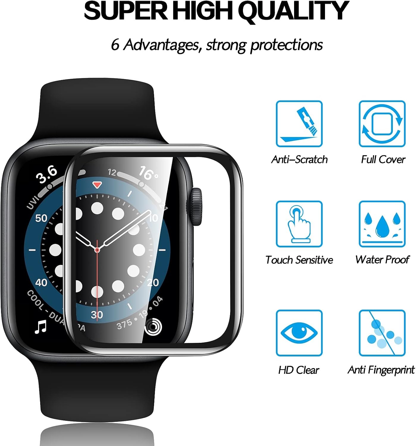 2 Pack Tempered Glass Screen Protector for Apple Watch Series 6 44mm 3D Curved E