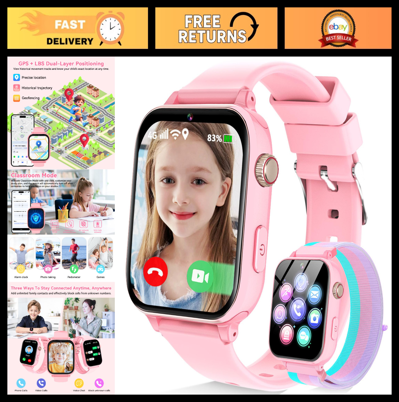 4G Kids Smart Watch Phone GPS, Video Call, SOS, Games, Touch Screen – Pink