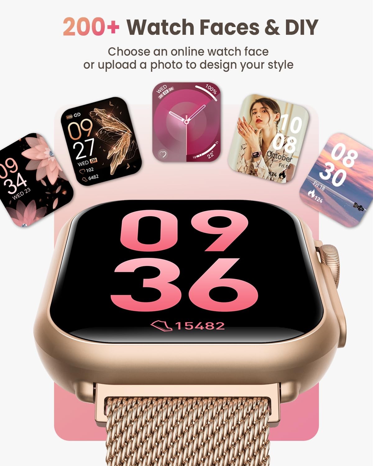 Smart Watch for Women Men Fitness: 1.85, Gold-Pink