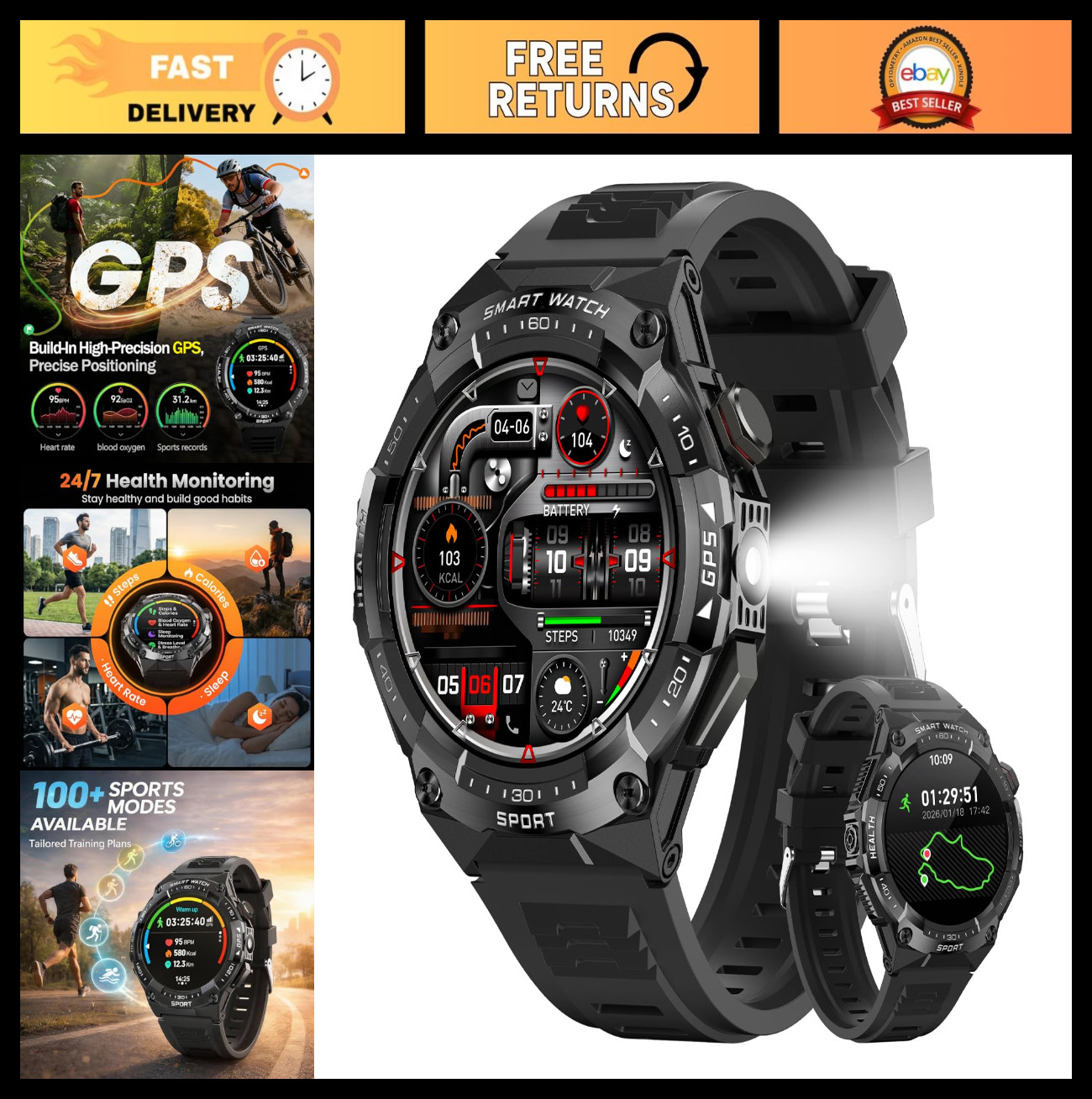 Military Smart Watch with GPS, 115 Sport Modes, Heart Rate Monitor, 60 Days Batt