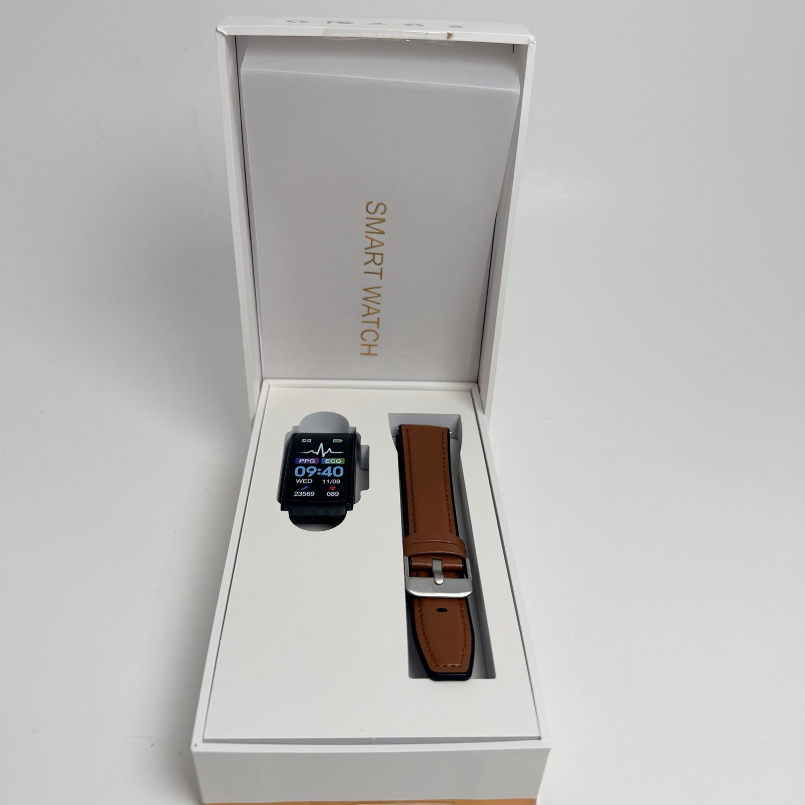 Yowow BIT Smart Watch 43mm Black Alloy Case Brown Leather Band HR iOS/Android