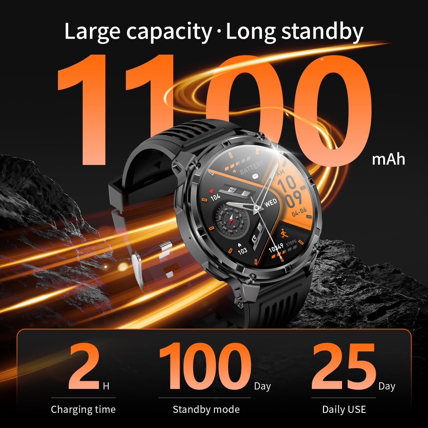Men’s Military Smart Watch – Fitness Tracker, Waterproof, 100+ Sports Modes, Hea