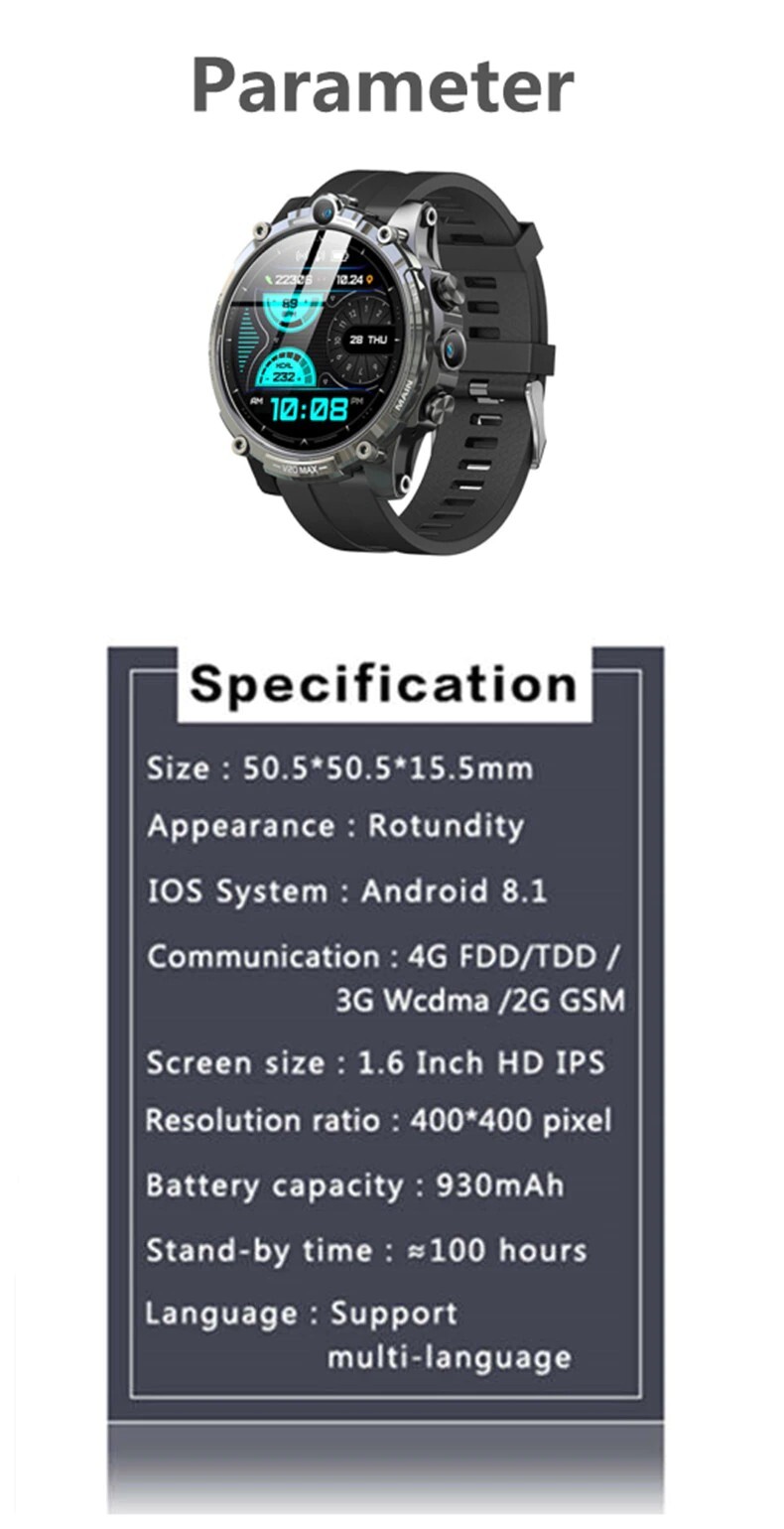 V20 Max 1.6 inch 4G LTE (4GB/128GB) Dual Cam Wi-Fi Sports Pedometer Heart, New
