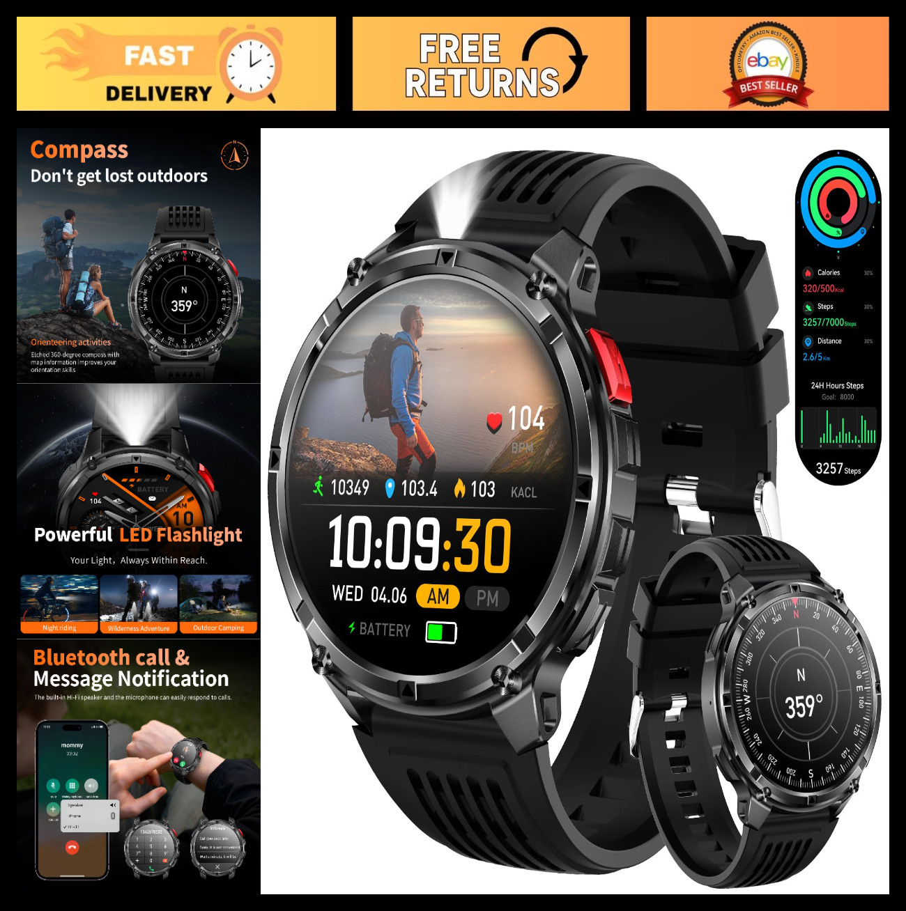 Men’s Military Smart Watch – Fitness Tracker, Waterproof, 100+ Sports Modes, Hea