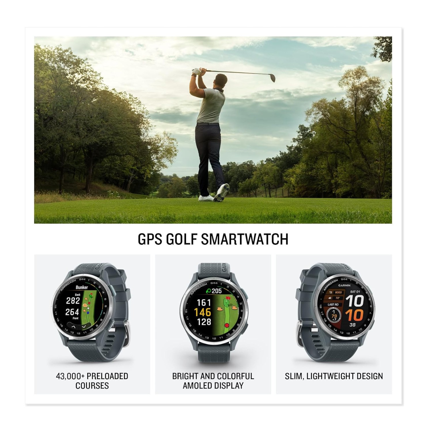 Garmin Approach S44 Golf Smartwatch (Silver/Twilight) Bundle with T710 Earbuds